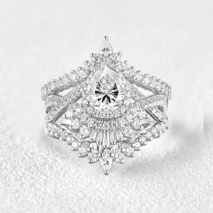 Pear Cut Moonstone Halo Infinity Engagement Ring Sets 3pcs Subtle Fit