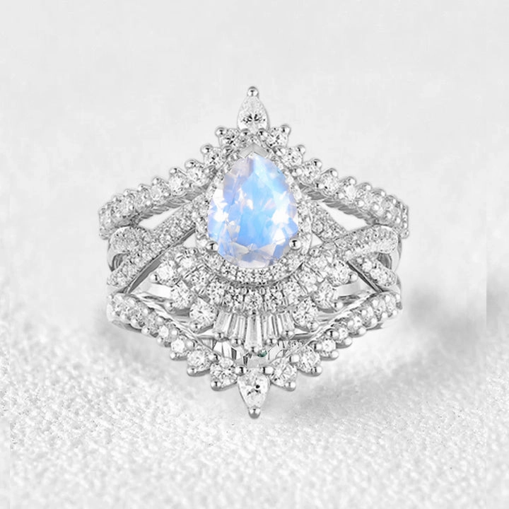 Wedding Style Pear Cut Moonstone Halo Infinity Engagement Ring Sets 3pcs