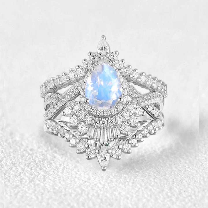 Everyday Duo Pear Cut Moonstone Halo Infinity Engagement Ring Sets 3pcs