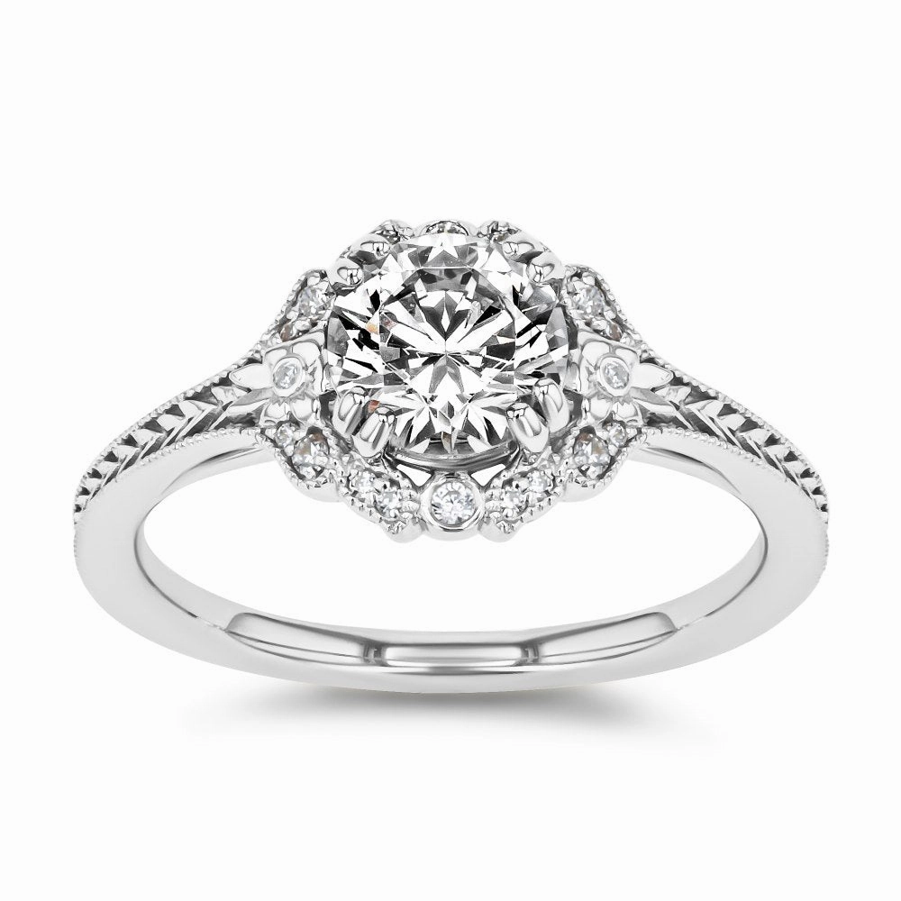 Premium Art Recycled Content Dottie Round Lab Grown Diamond Milgrain Vintage Halo Engagement Ring