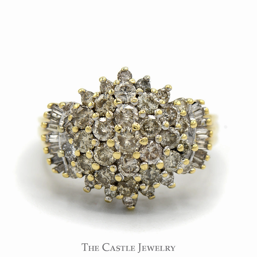 Meaningful Gift Timeless Gift 1.75cttw Large Diamond Cluster Ring with Round and Baguette Diamonds in 10k Yellow Gold