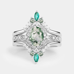 Gleaming Craft Moss Agate & Lab Emerald Signature Vintage Ring Set 3pcs