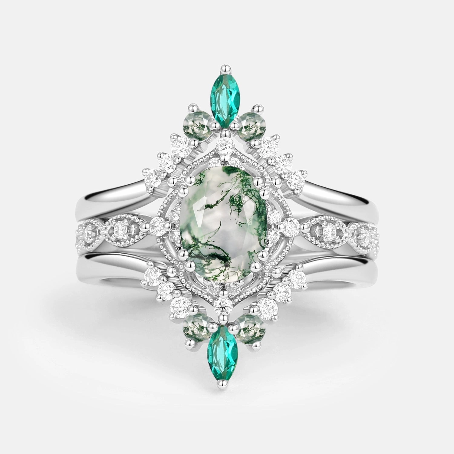 Flat Shot Moss Agate & Lab Emerald Signature Vintage Ring Set 3pcs