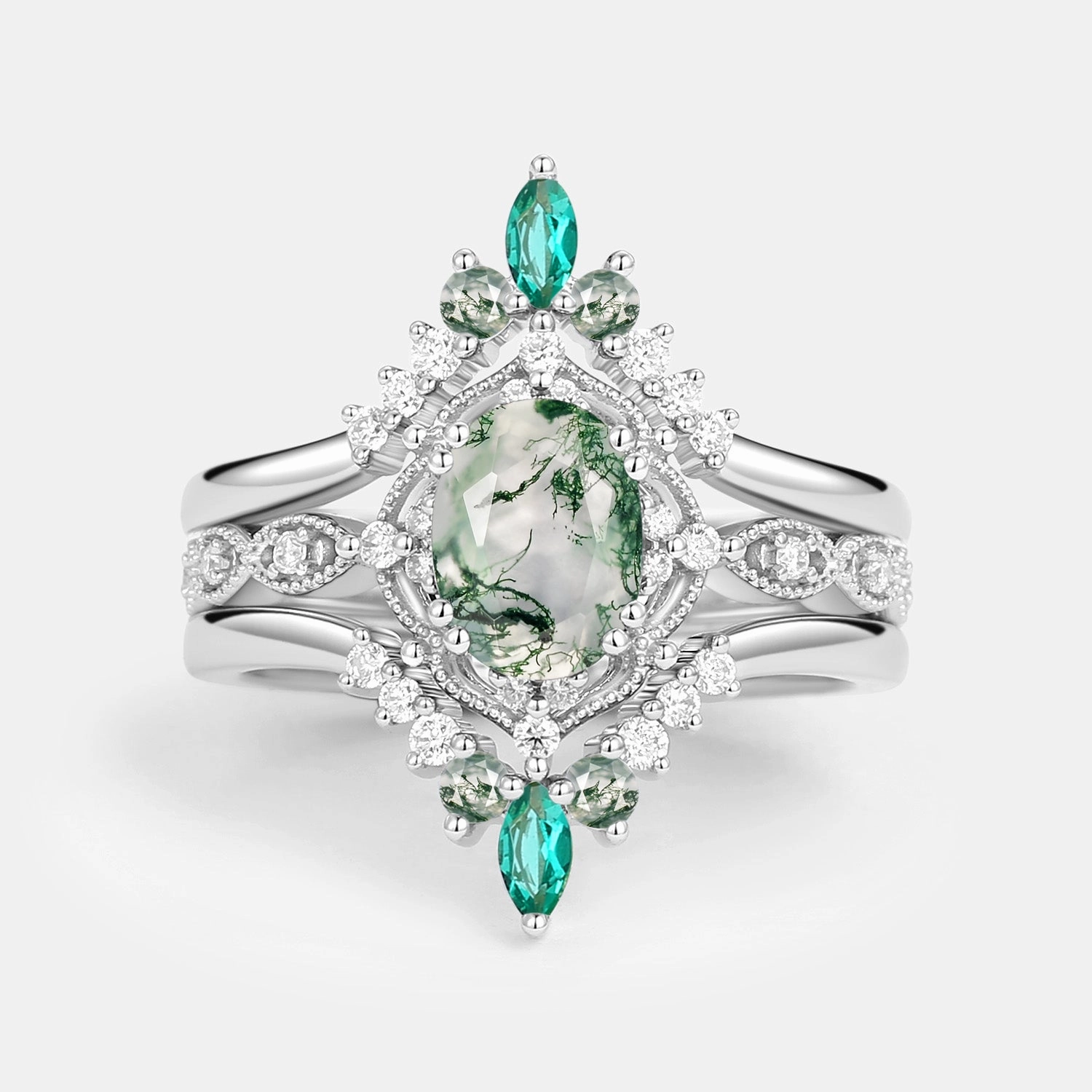 Casual Classic Formal Design Moss Agate & Lab Emerald Signature Vintage Ring Set 3pcs