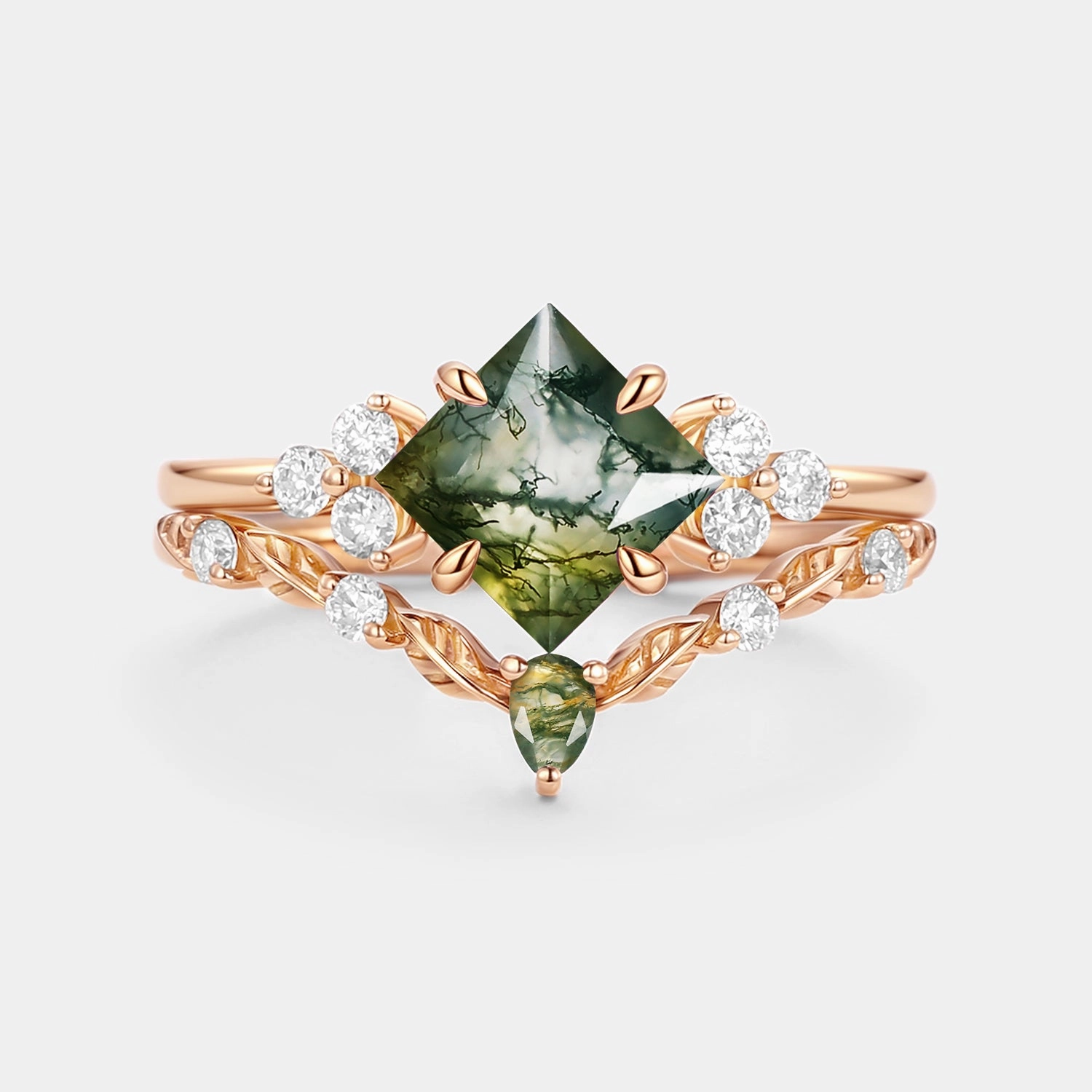 Moss Agate Princess Cut Cluster Engagement Ring Set - Kai Party Vibe