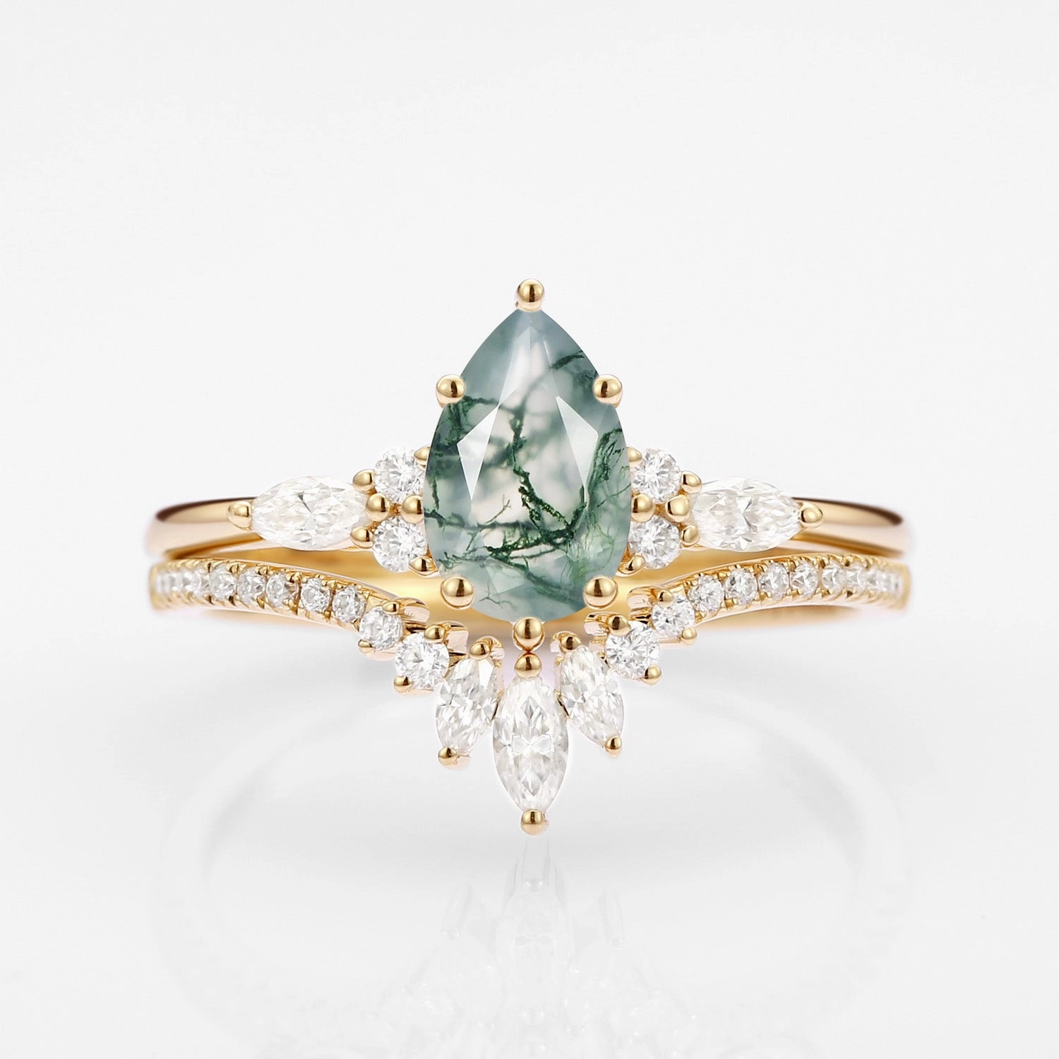 Finest Highlight Vibrant Look Pear Cut Moss Agate Three Stone Engagement Ring Set 2pcs - Rebecca