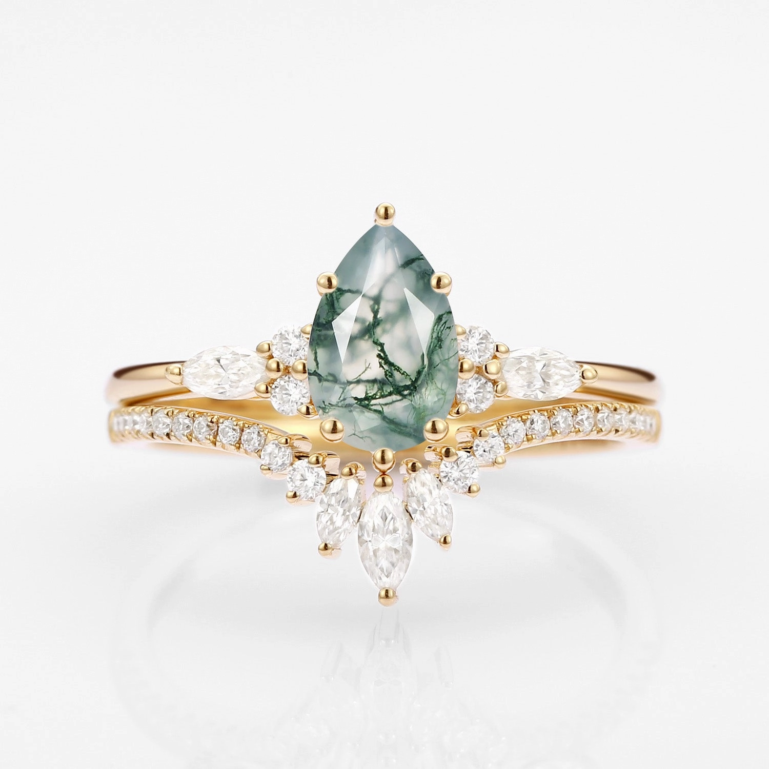 Pear Cut Moss Agate Three Stone Engagement Ring Set 2pcs - Rebecca Sparkling Pieces Bridal Ready