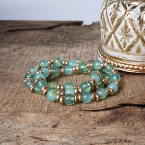 Symbolic Gift Glass Beaded Bracelet Stack with Worn Gold Accents ?C Green, Cream, or Gray