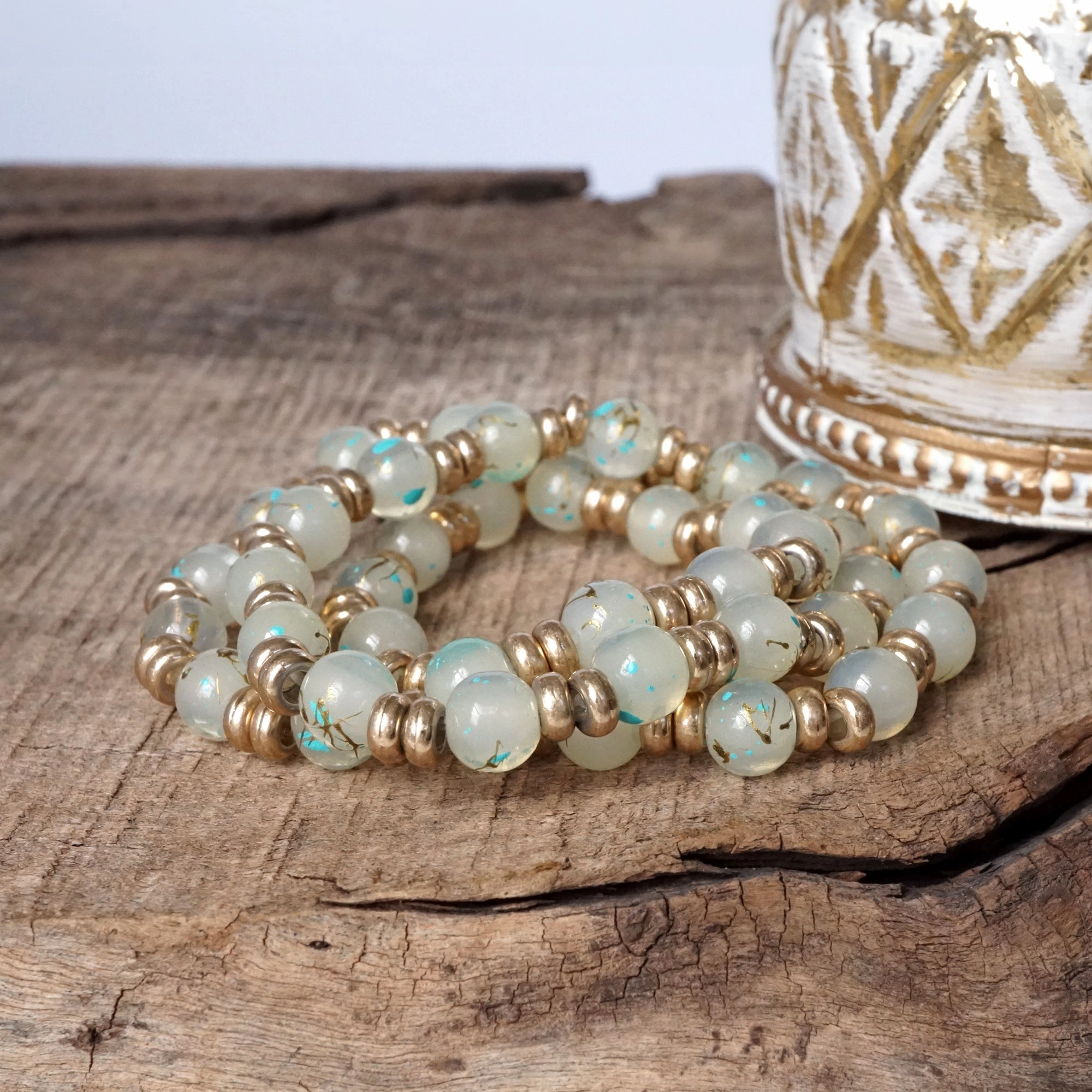 Dual function Characteristic Example Glass Beaded Bracelet Stack with Worn Gold Accents ?C Green, Cream, or Gray