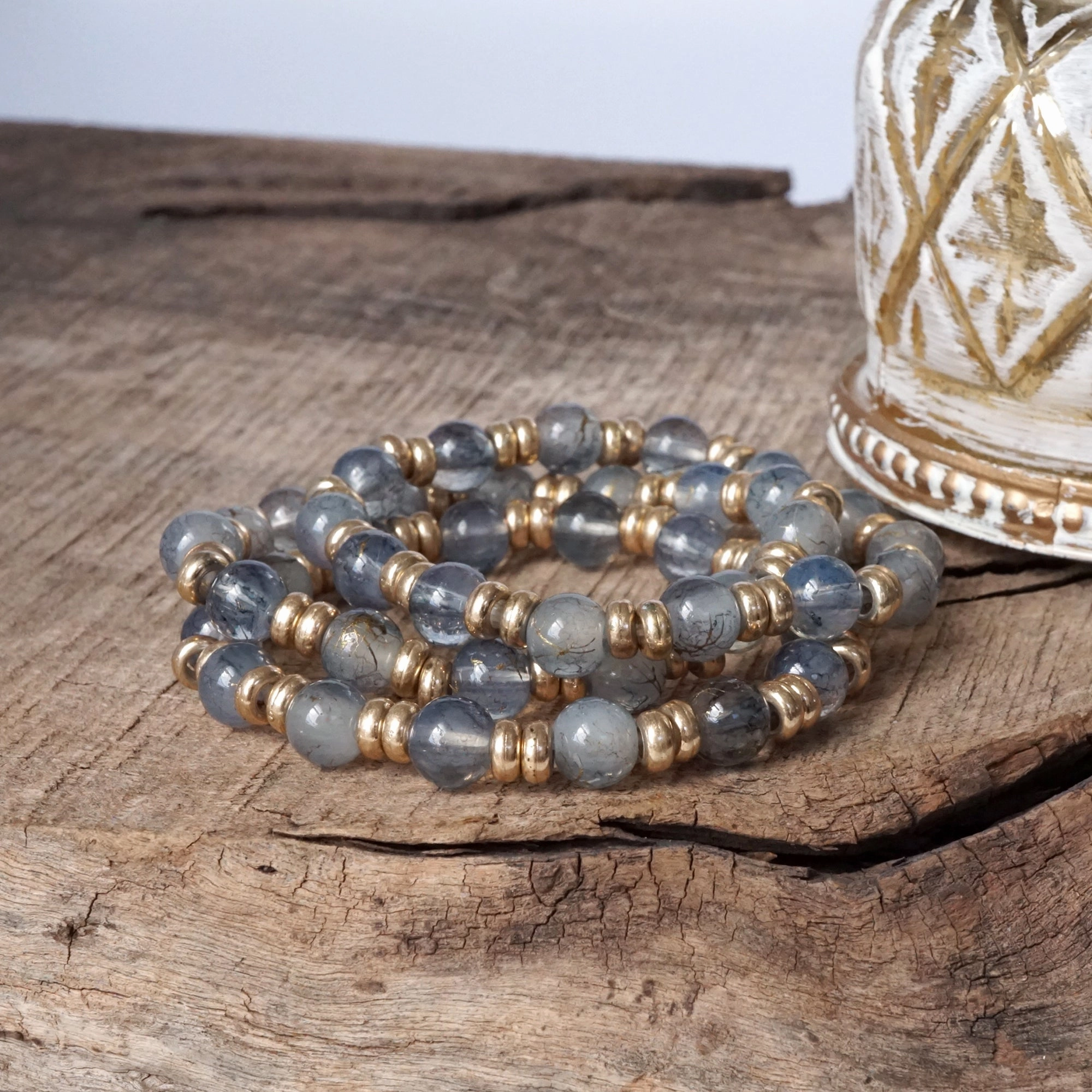 Best Case Glass Beaded Bracelet Stack with Worn Gold Accents ?C Green, Cream, or Gray