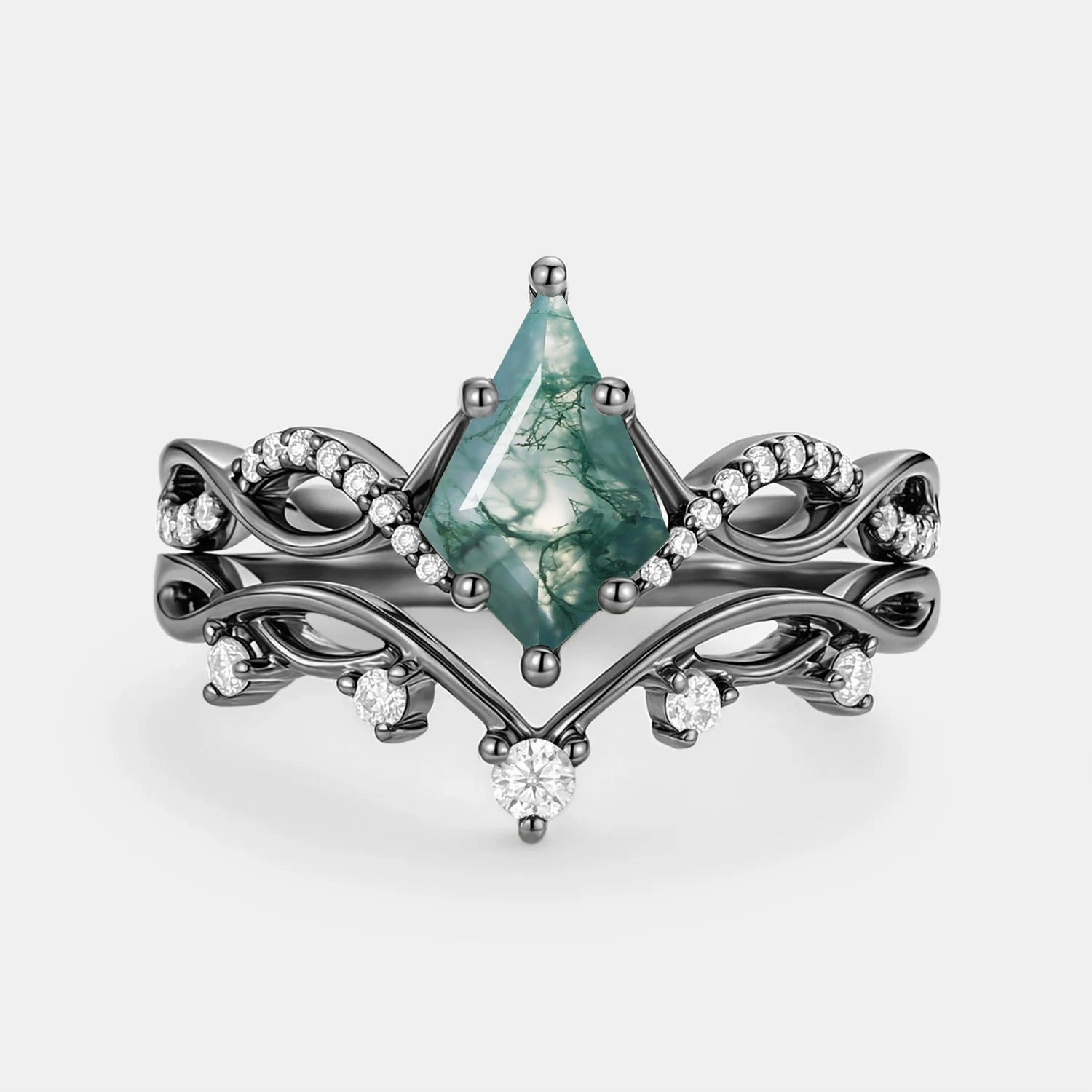 Unique Design Kite Moss Agate Twist Engagement Ring Set 2pcs - Phyllon