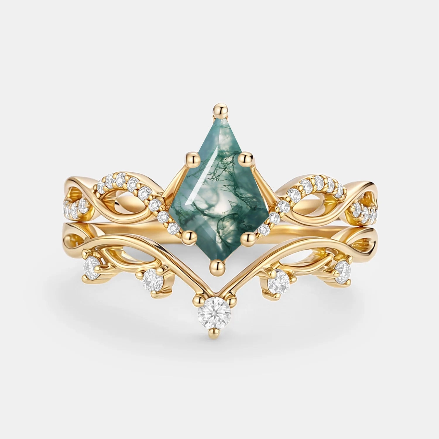 Statement Style Kite Moss Agate Twist Engagement Ring Set 2pcs - Phyllon