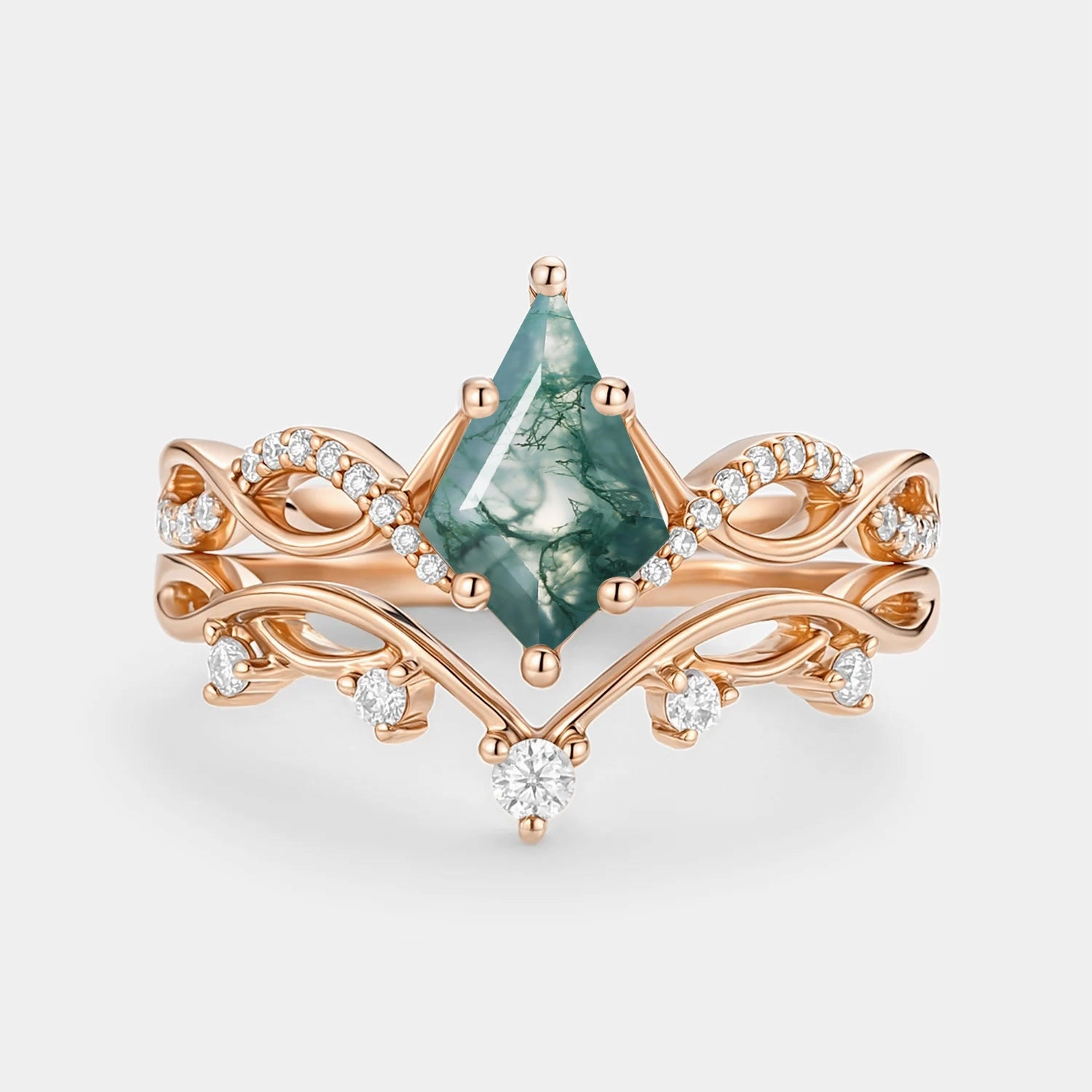 Cultural Touch Kite Moss Agate Twist Engagement Ring Set 2pcs - Phyllon