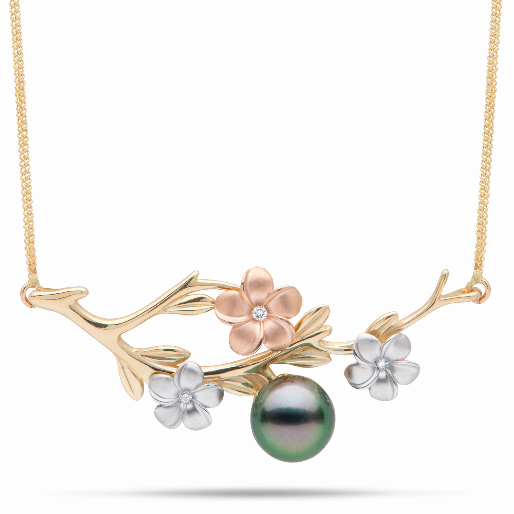 Night Mood 16-18" Adjustable Pearls in Bloom Plumeria Tahitian Black Pearl Necklace in Tri Color Gold with Diamonds - 48mm
