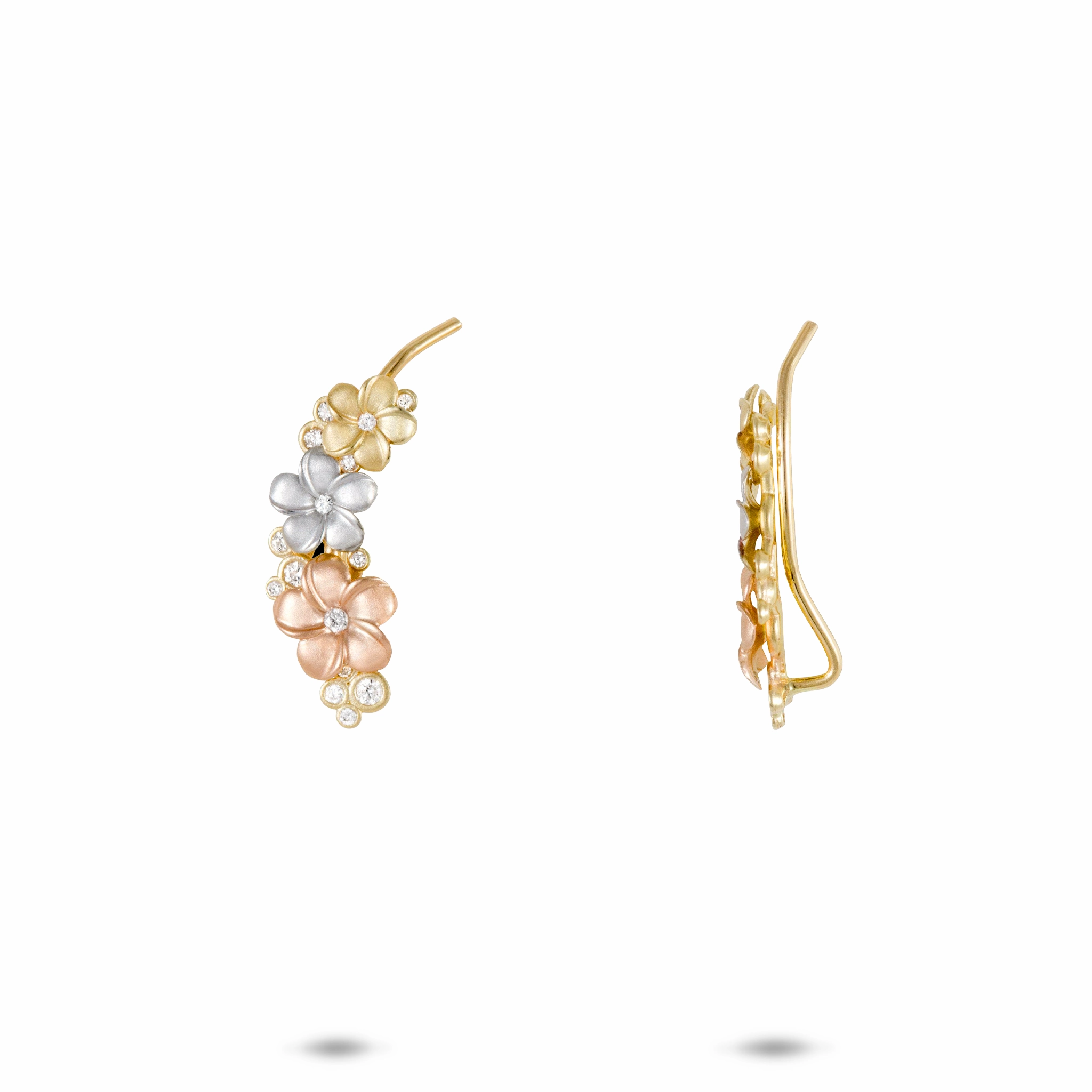 Dainty Detail Glistening Sparkle Plumeria Climber Earrings in Tri Color Gold with Diamonds - 20mm
