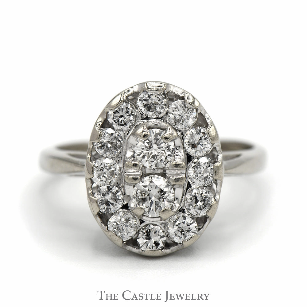 Evergreen style Oval Shaped 3/4cttw Diamond Cluster Ring in 14k White Gold