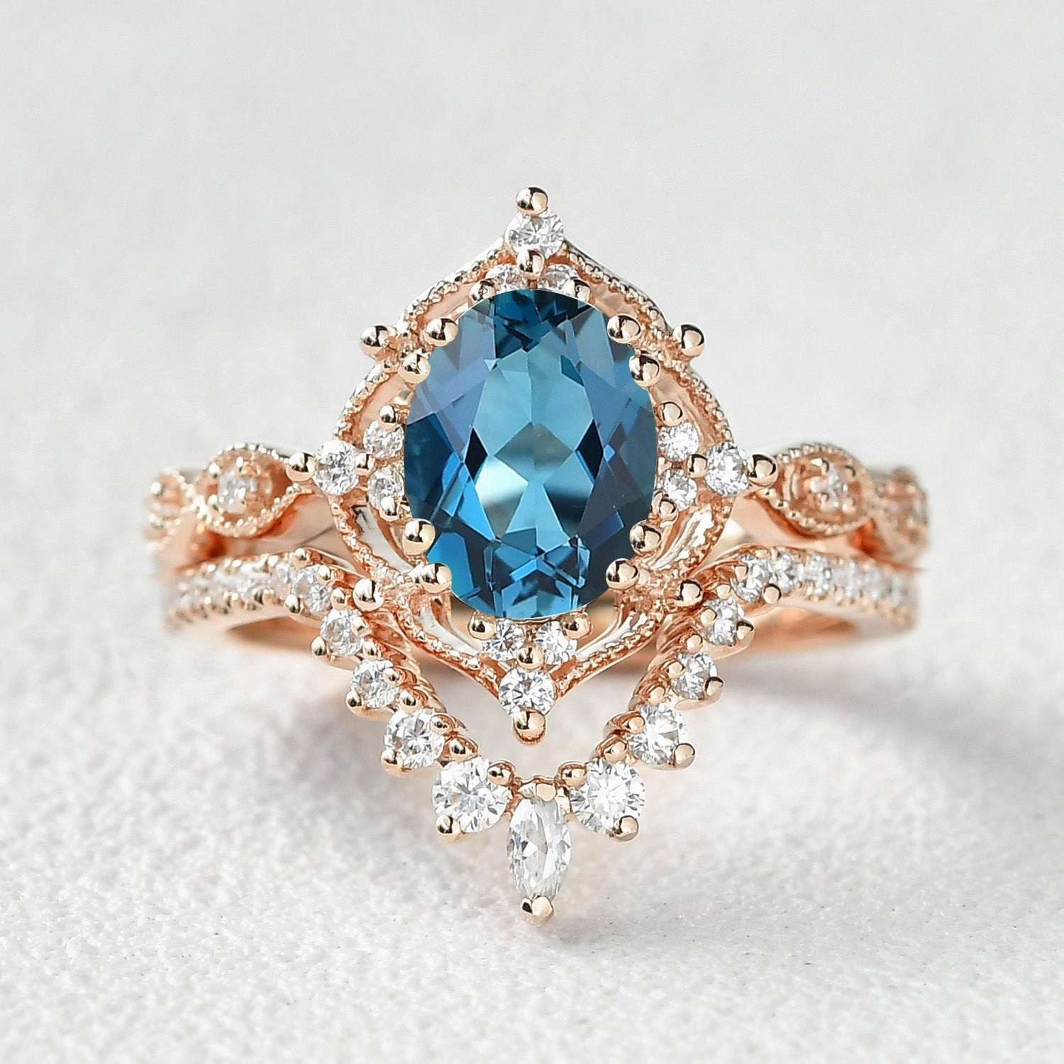 Effortless Piece Luxury Pieces 1.5ct London Blue Topaz Vintage Inspired Chevron Ring Set 2pcs