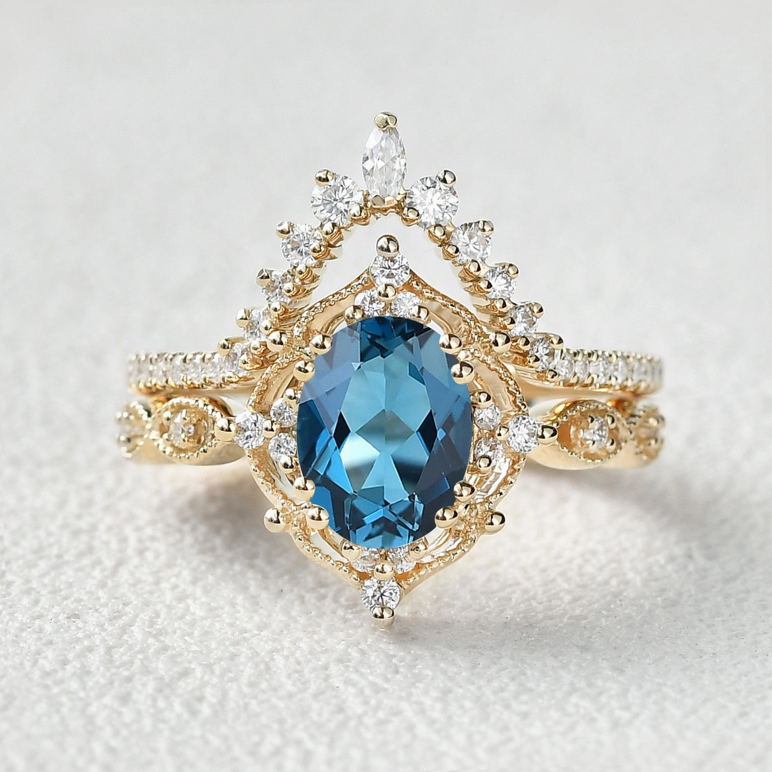1.5ct London Blue Topaz Vintage Inspired Chevron Ring Set 2pcs Romantic Layer Luminous Accent