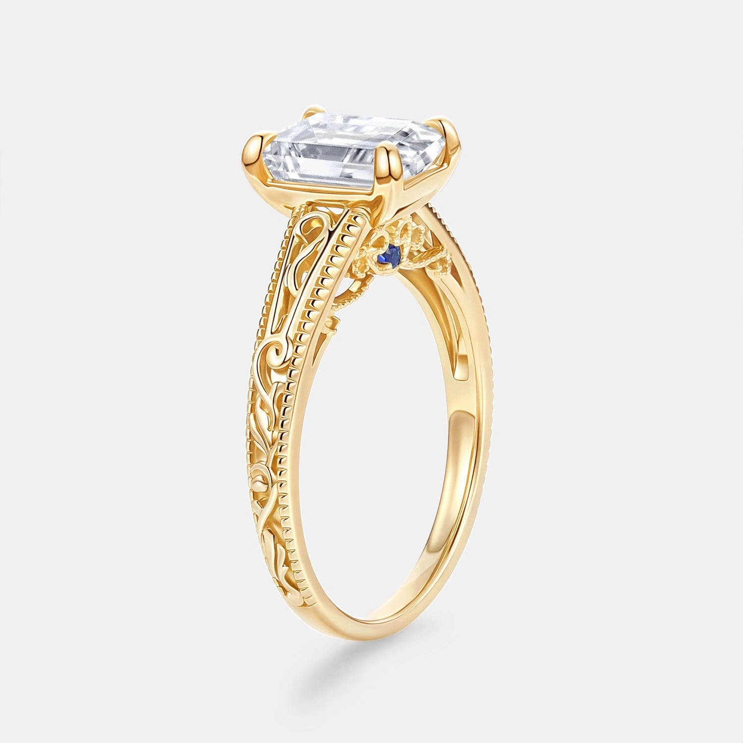 Emerald Cut Lab Grown Diamond Engraved Solitaire Engagement Ring - Tabitha Luxury Glow