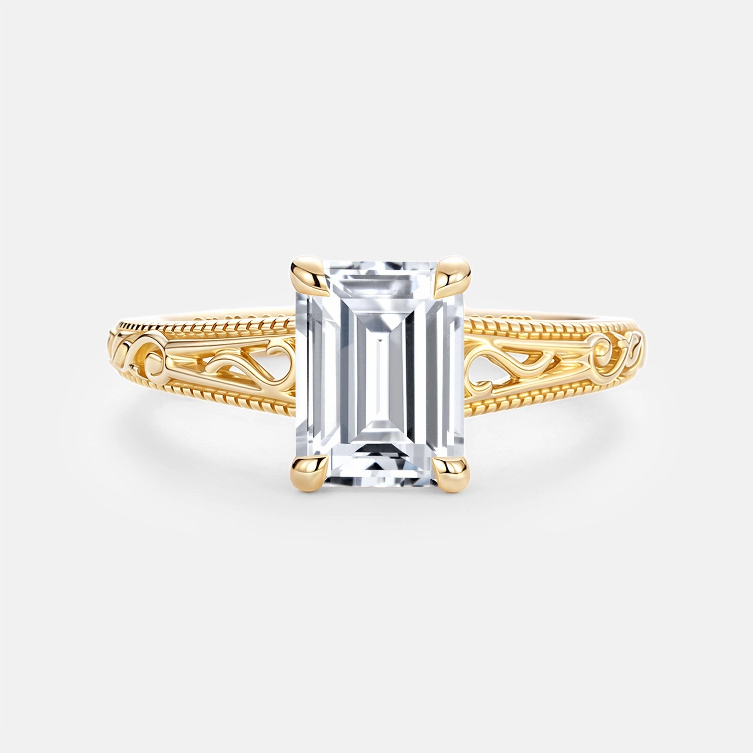 Emerald Cut Lab Grown Diamond Engraved Solitaire Engagement Ring - Tabitha Minimal Look Daily Detail