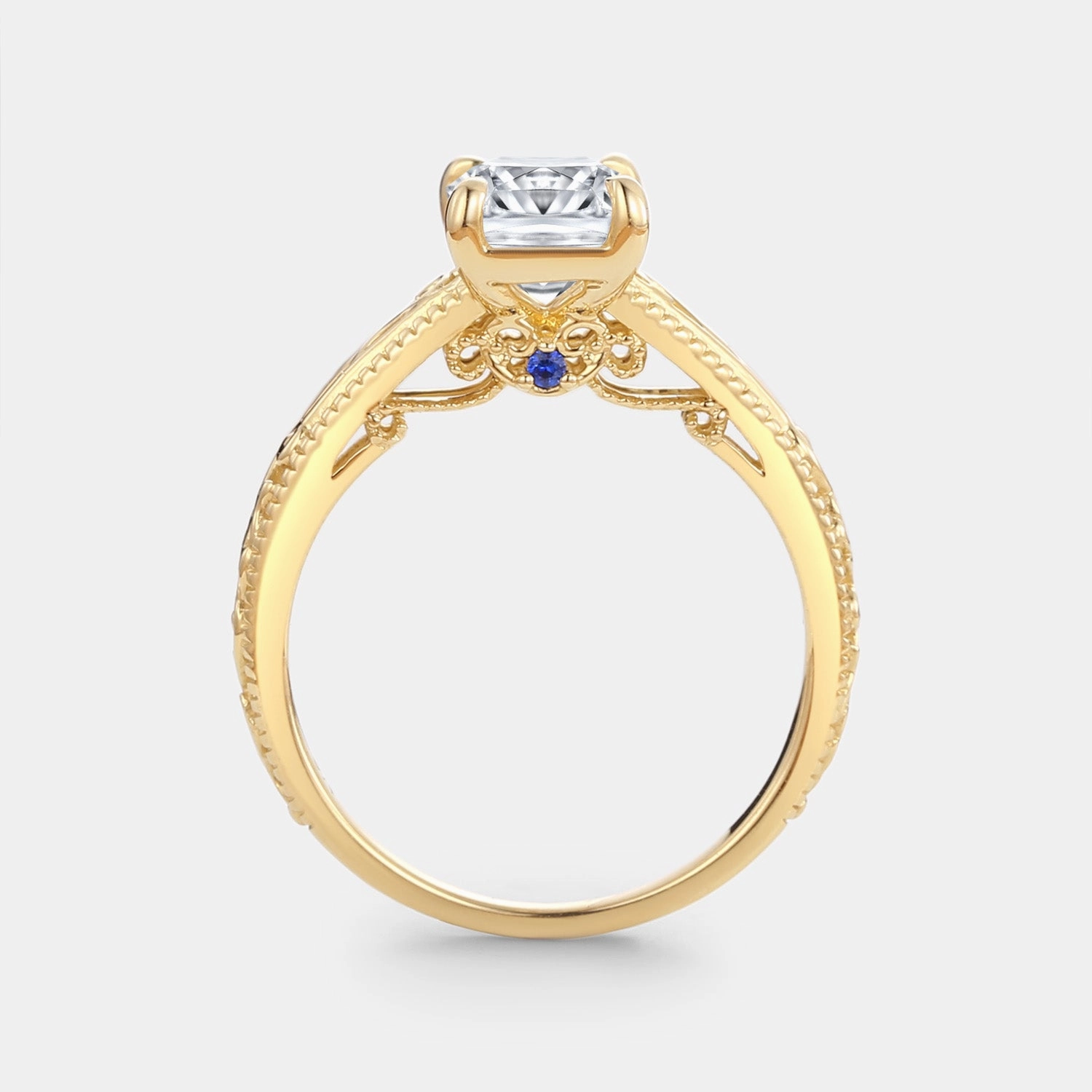 Minimal Appeal Sleek Feature Emerald Cut Lab Grown Diamond Engraved Solitaire Engagement Ring - Tabitha