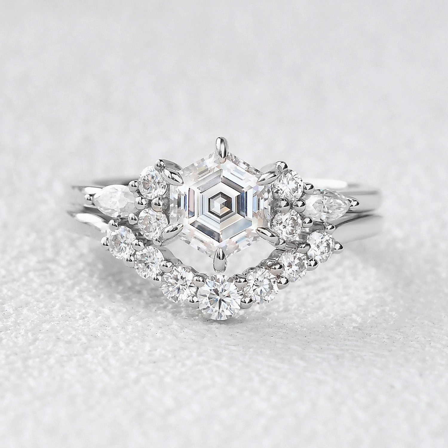 1.0ct Hexagon Moss Agate Cluster Engagement Ring Set 2pcs Crisp Sparkle