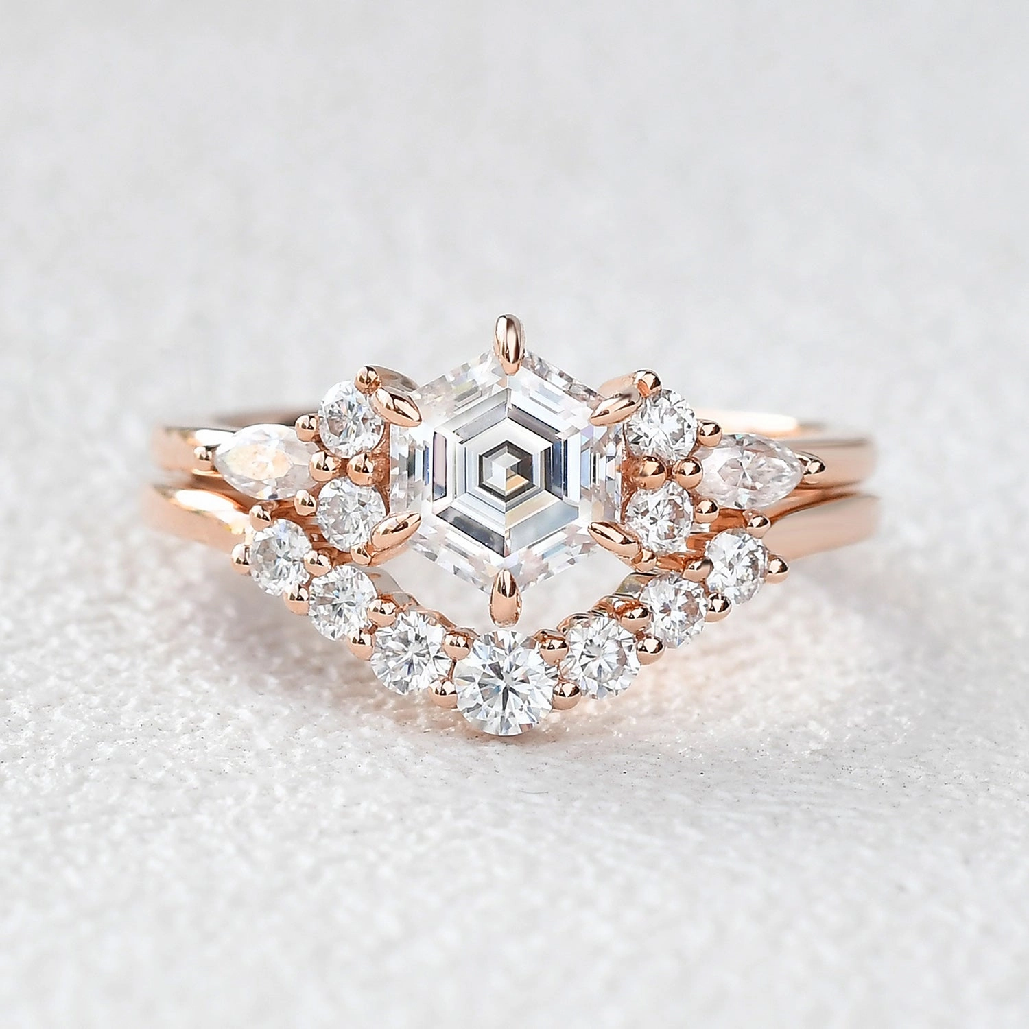 Model Fit Fine Detailing 1.0ct Hexagon Moss Agate Cluster Engagement Ring Set 2pcs