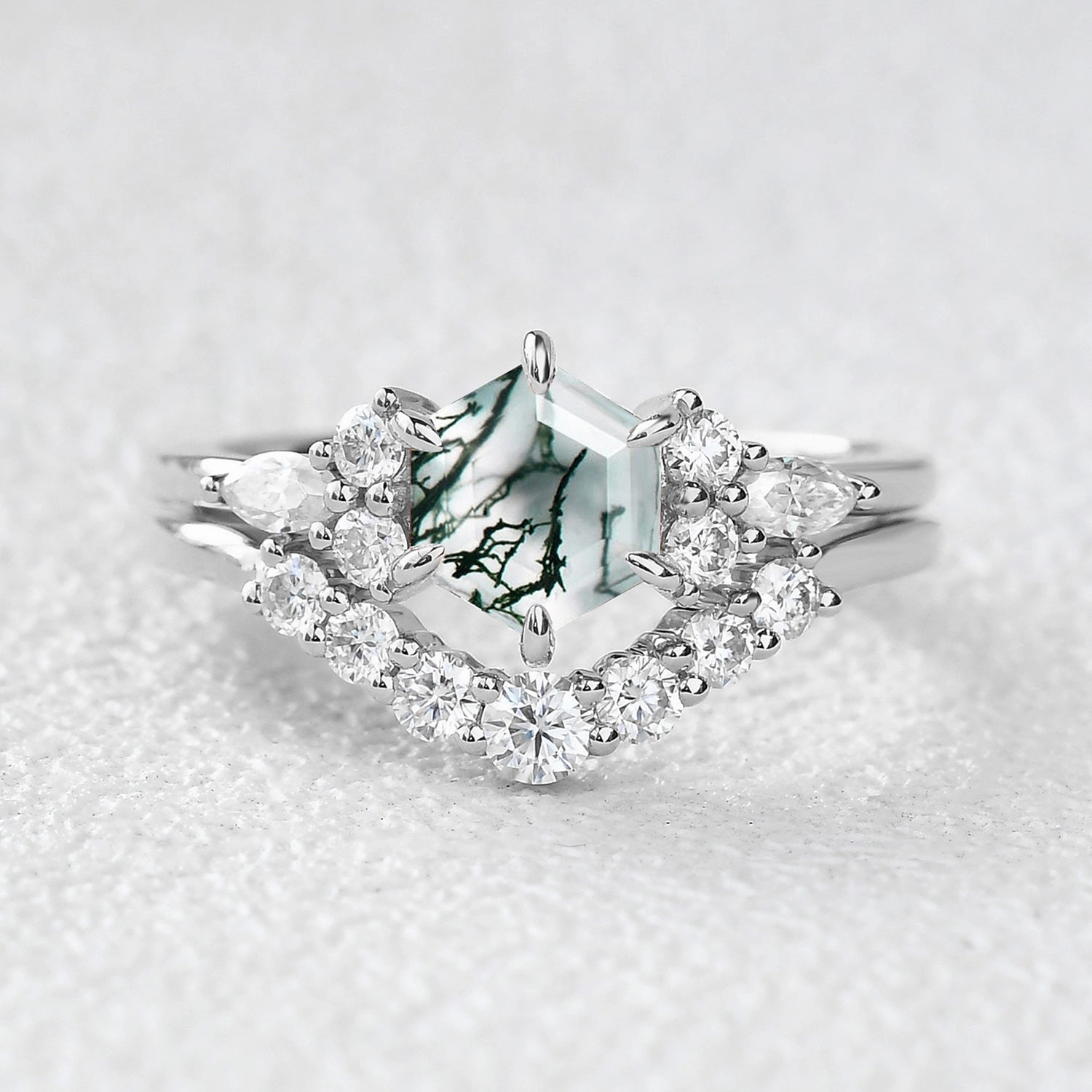 Minimal Edge Gift Fit 1.0ct Hexagon Moss Agate Cluster Engagement Ring Set 2pcs