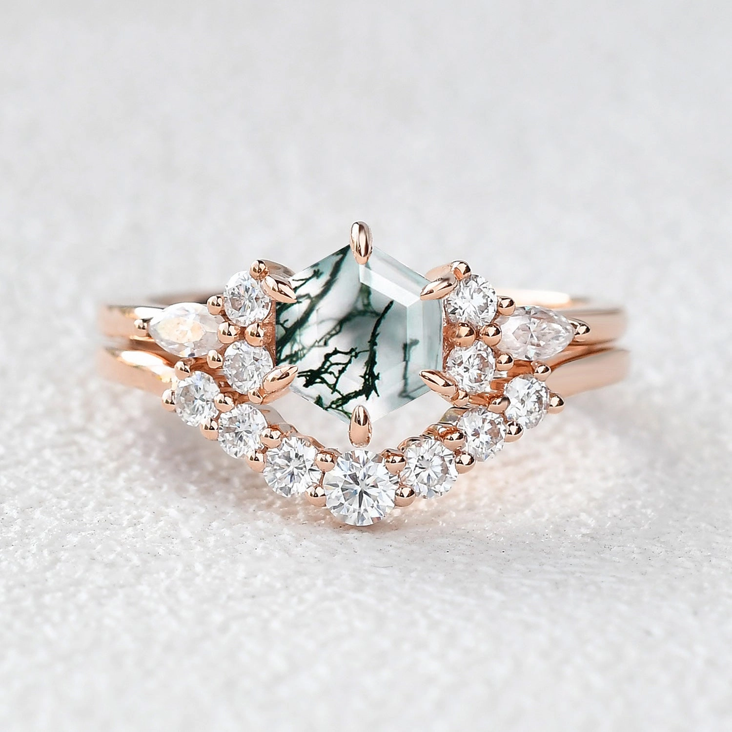 Sophisticated Charm Timeless Gift 1.0ct Hexagon Moss Agate Cluster Engagement Ring Set 2pcs