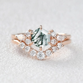 Sophisticated Charm Timeless Gift 1.0ct Hexagon Moss Agate Cluster Engagement Ring Set 2pcs
