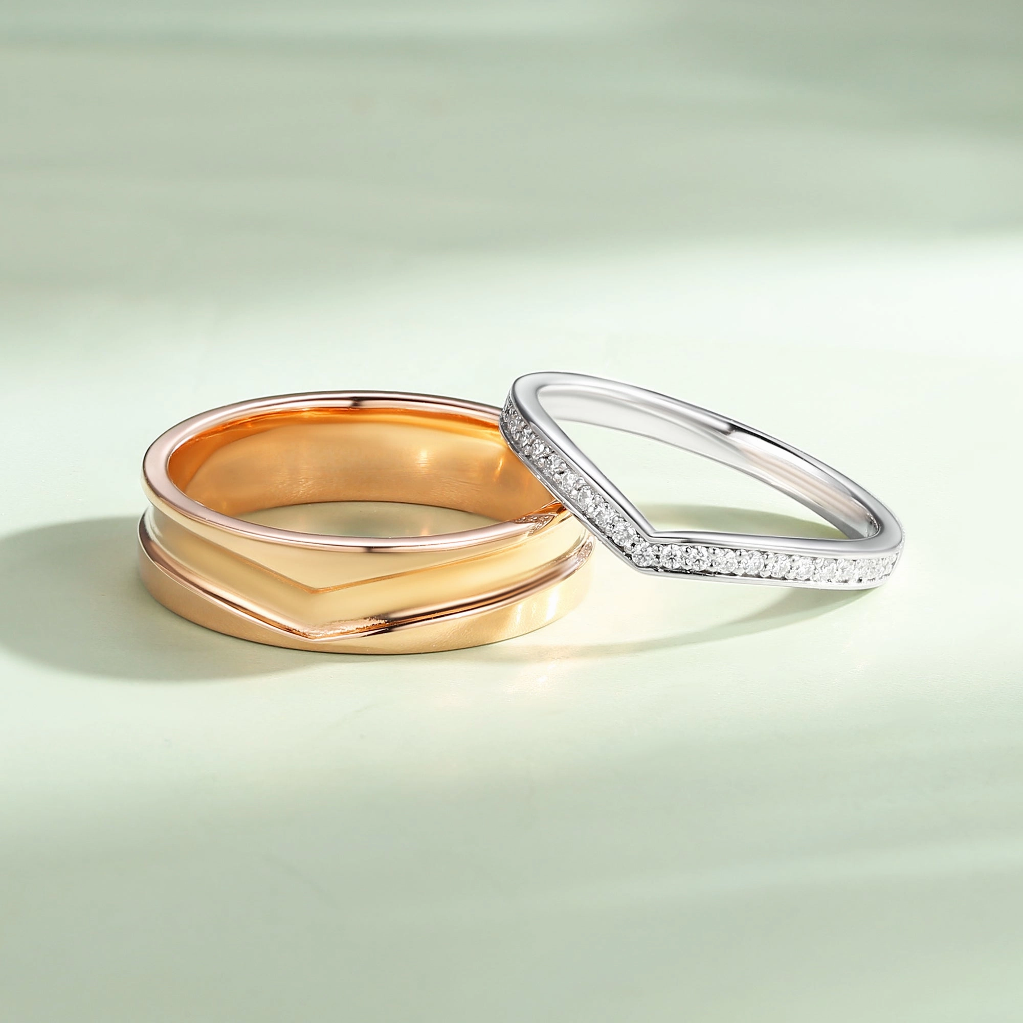 Bright Touch Two-tone Minimalism Moissanite Couple Ring Set 2pcs - Blend