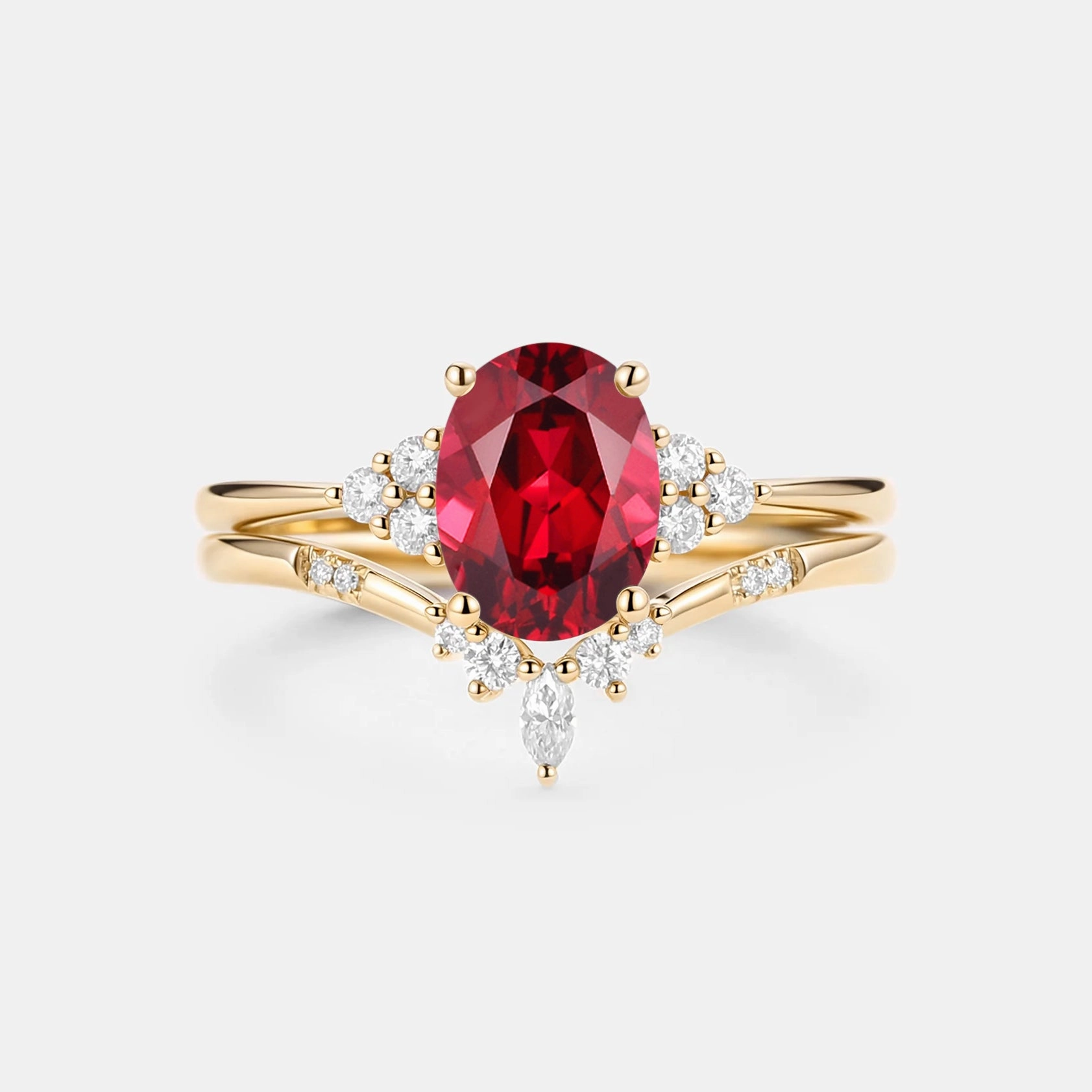 Exclusive Edge Oval Cut Lab Ruby Classic Cluster Gold Ring Set 2pcs - Solara