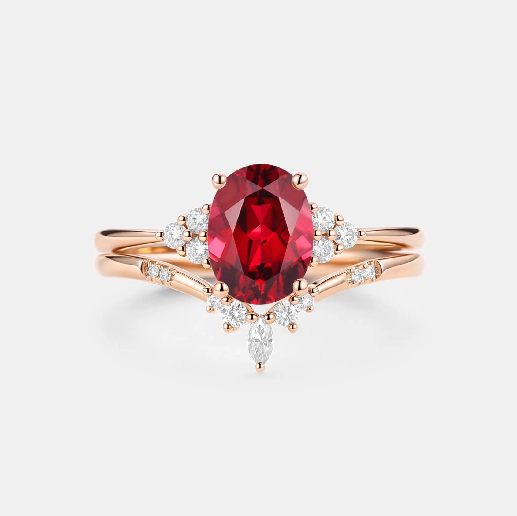 Fashionable Sparkle Youthful Twist Oval Cut Lab Ruby Classic Cluster Gold Ring Set 2pcs - Solara