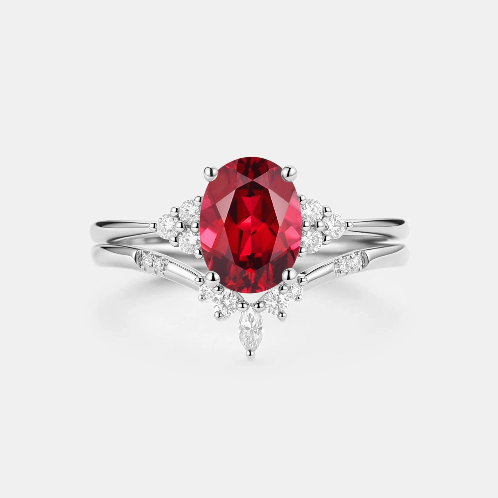 Oval Cut Lab Ruby Classic Cluster Gold Ring Set 2pcs - Solara Luminous Shine