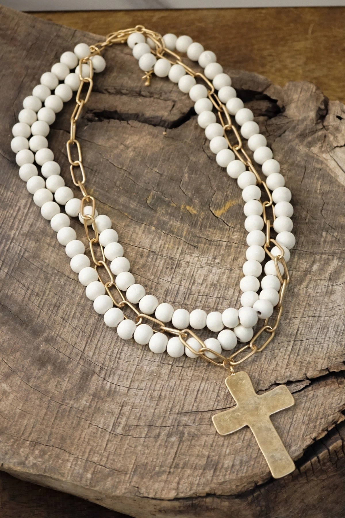 Outdoor Fun Splendid Design Multi Strand Wood Beads Short Statement Cross Necklace Cream