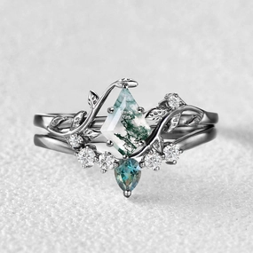 Style Statement Black Gold Moss Agate & Teal Sapphire Leafy Ring Sets 2pcs - Willow