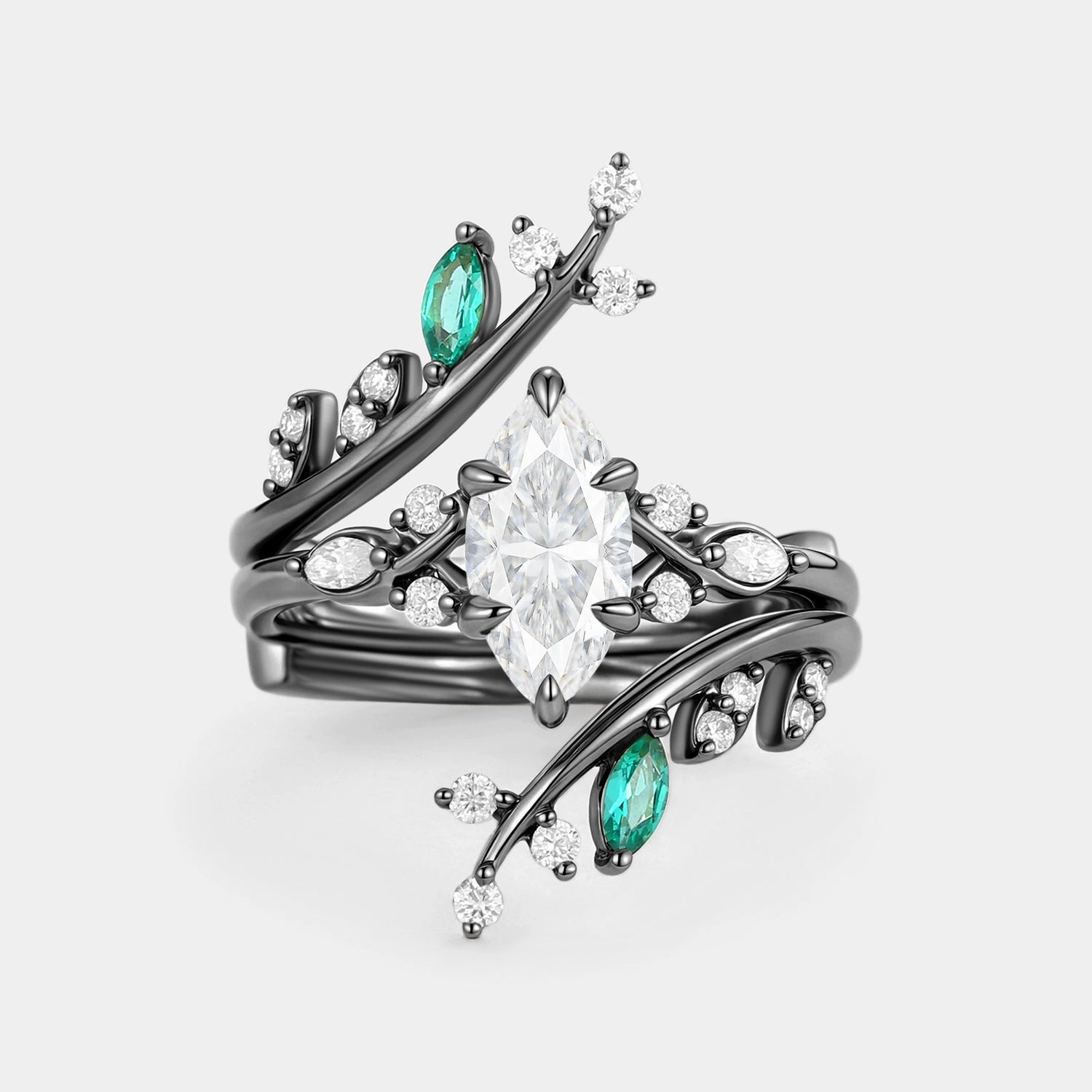 Marquise Cut Moissanite Cluster Engagement Ring Set 2pcs Sculpted Design Clear Style