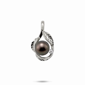 Maile Tahitian Black Pearl Pendant in White Gold with Diamond - 9-10mm Radiant Design Chic Duo