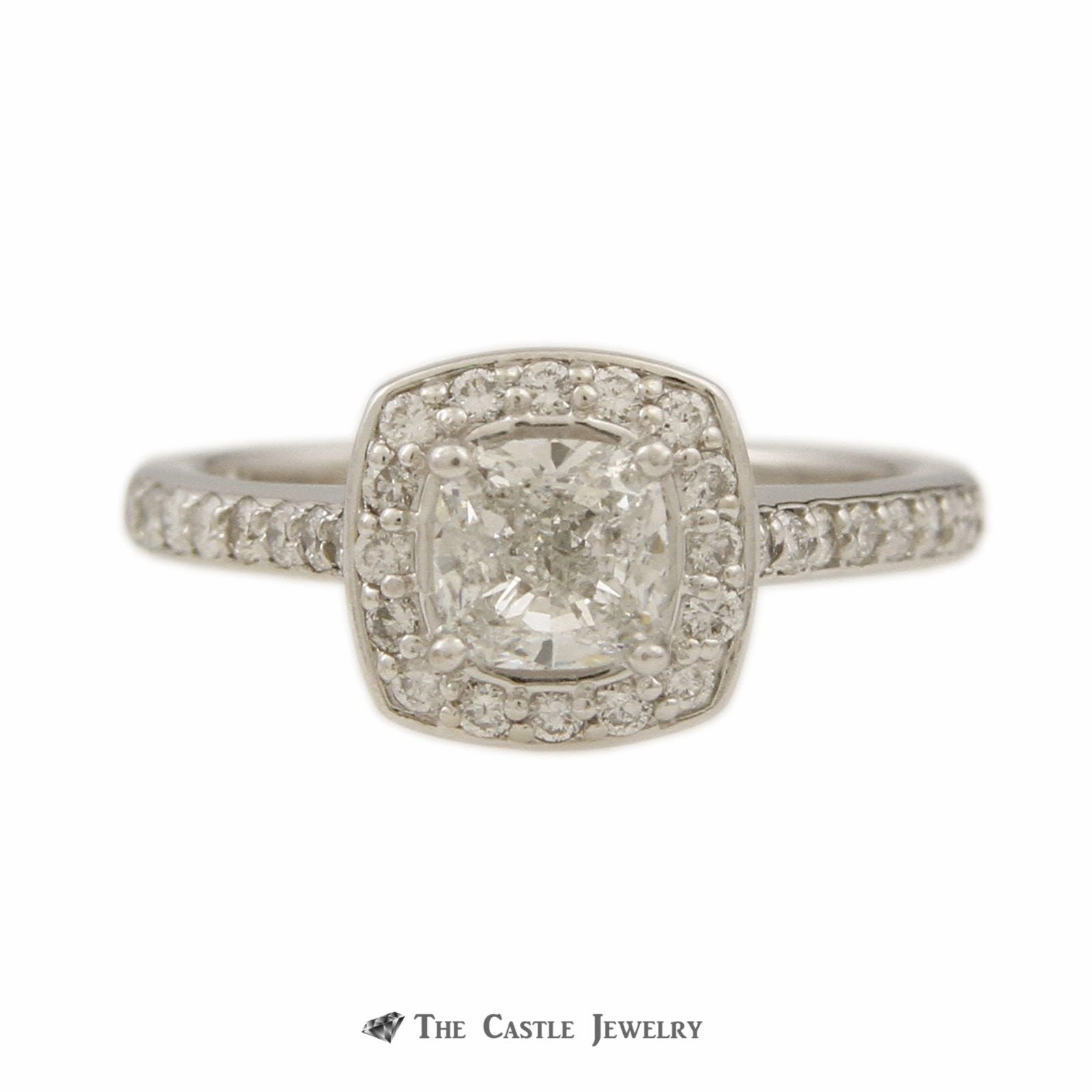 Affordable Item Romantic Object Cushion Cut 1.01ct Diamond Bridal Ring w/ Round Brilliant Cut Diamond Halo & Sides