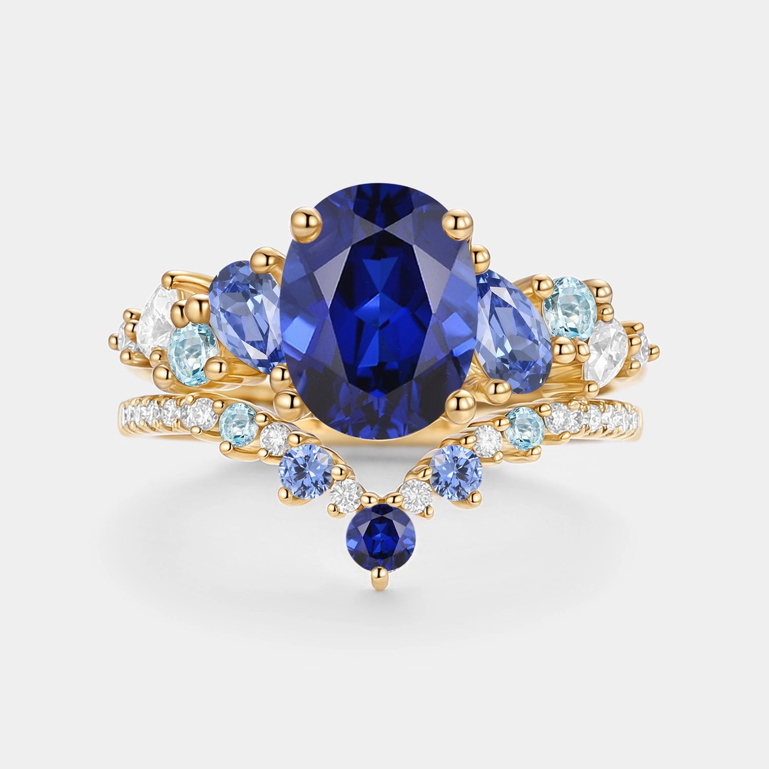 Sophisticated Accent Oval Cut Lab Sapphire Cluster Engagement Ring Sets 2pcs - Nebula