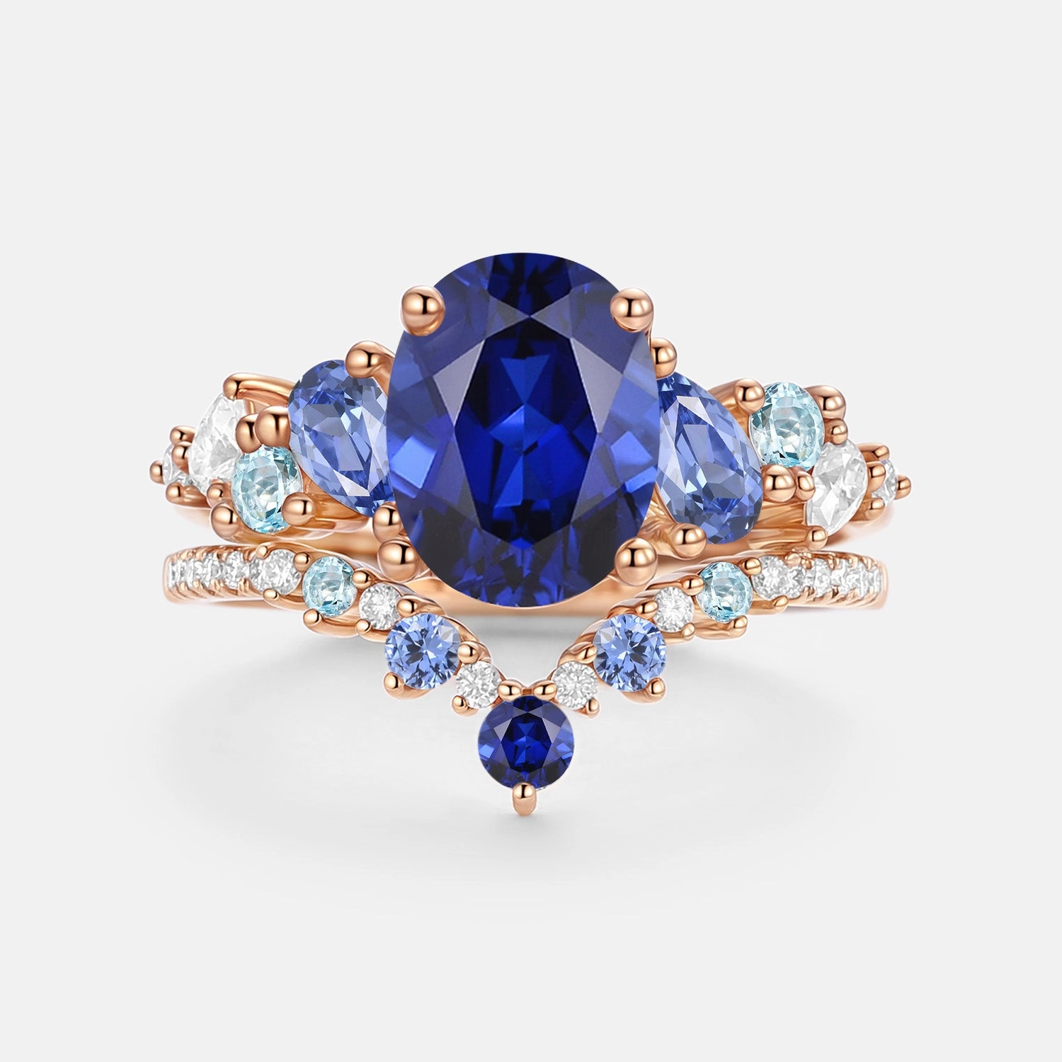 Refined Vibe Oval Cut Lab Sapphire Cluster Engagement Ring Sets 2pcs - Nebula