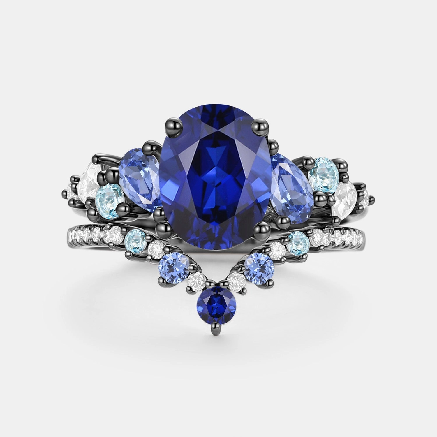 Oval Cut Lab Sapphire Cluster Engagement Ring Sets 2pcs - Nebula Polished Pieces