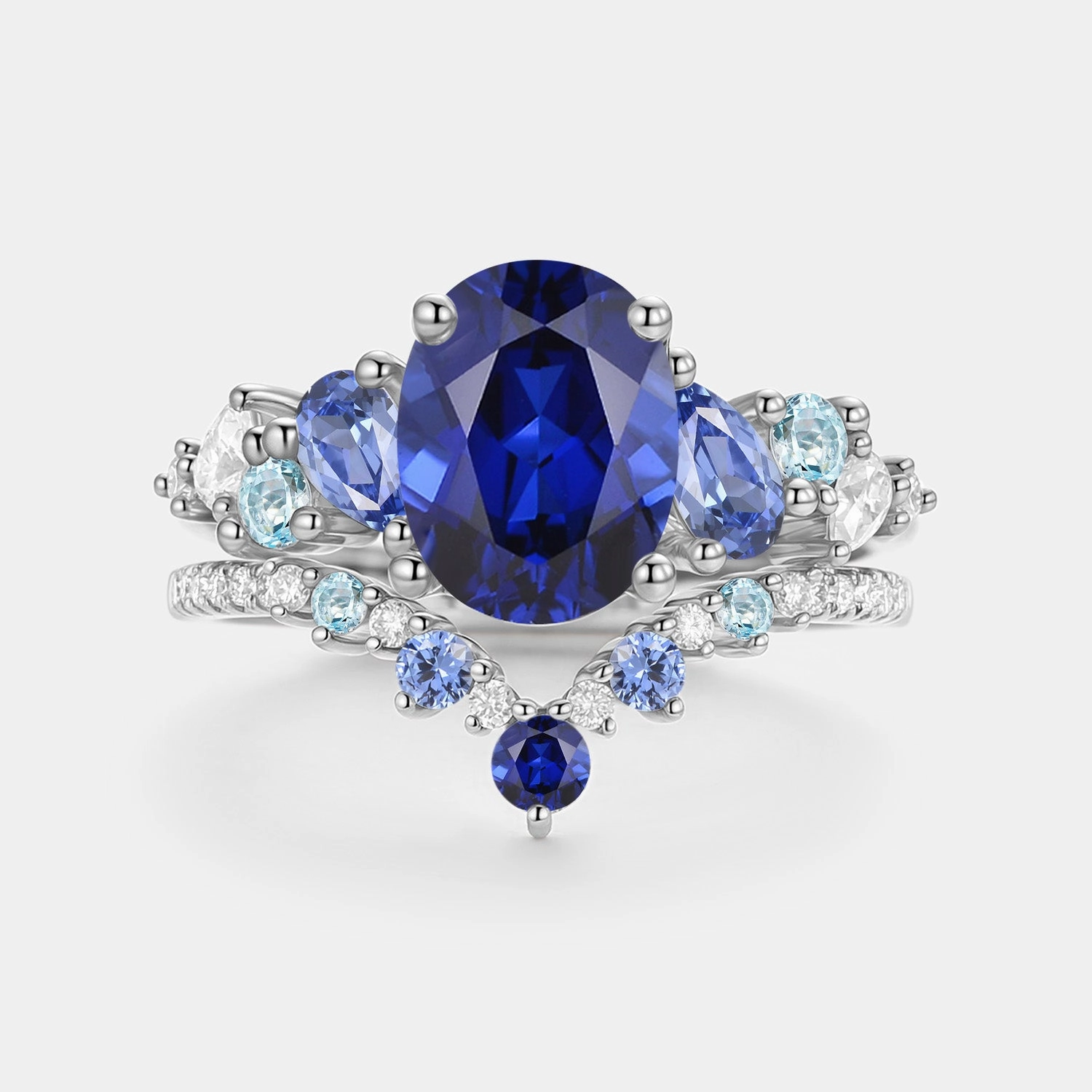 Oval Cut Lab Sapphire Cluster Engagement Ring Sets 2pcs - Nebula Elite Accent Minimal Detail