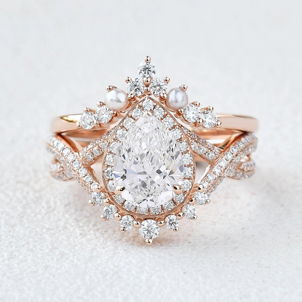 Smooth Detail 1.0-2.0 Pear Cut Lab Grown Diamond Infinity Halo Ring Set 2pcs - Katherine