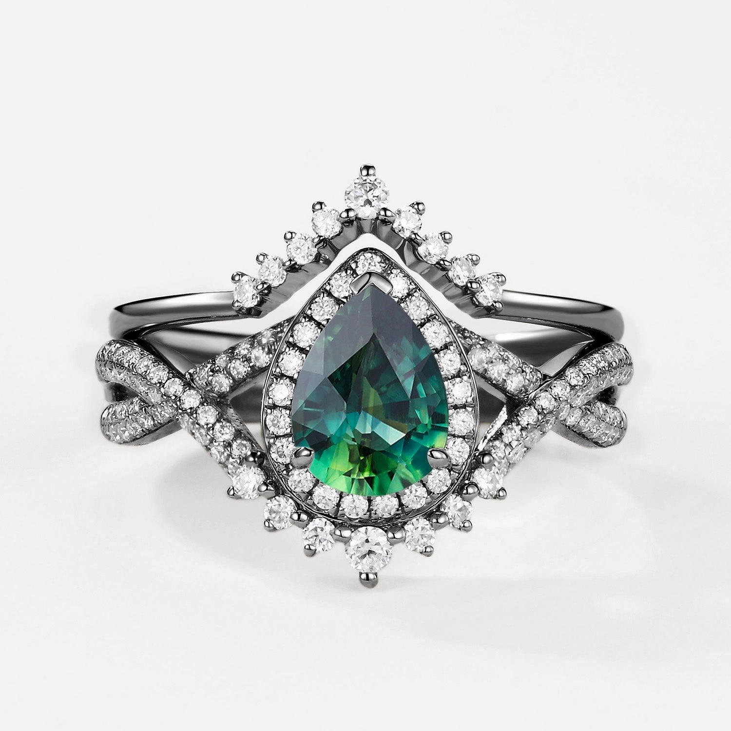 Premium Quality Pear Shaped Teal Sapphire Halo Infinity Ring Set 2pcs - Valentina