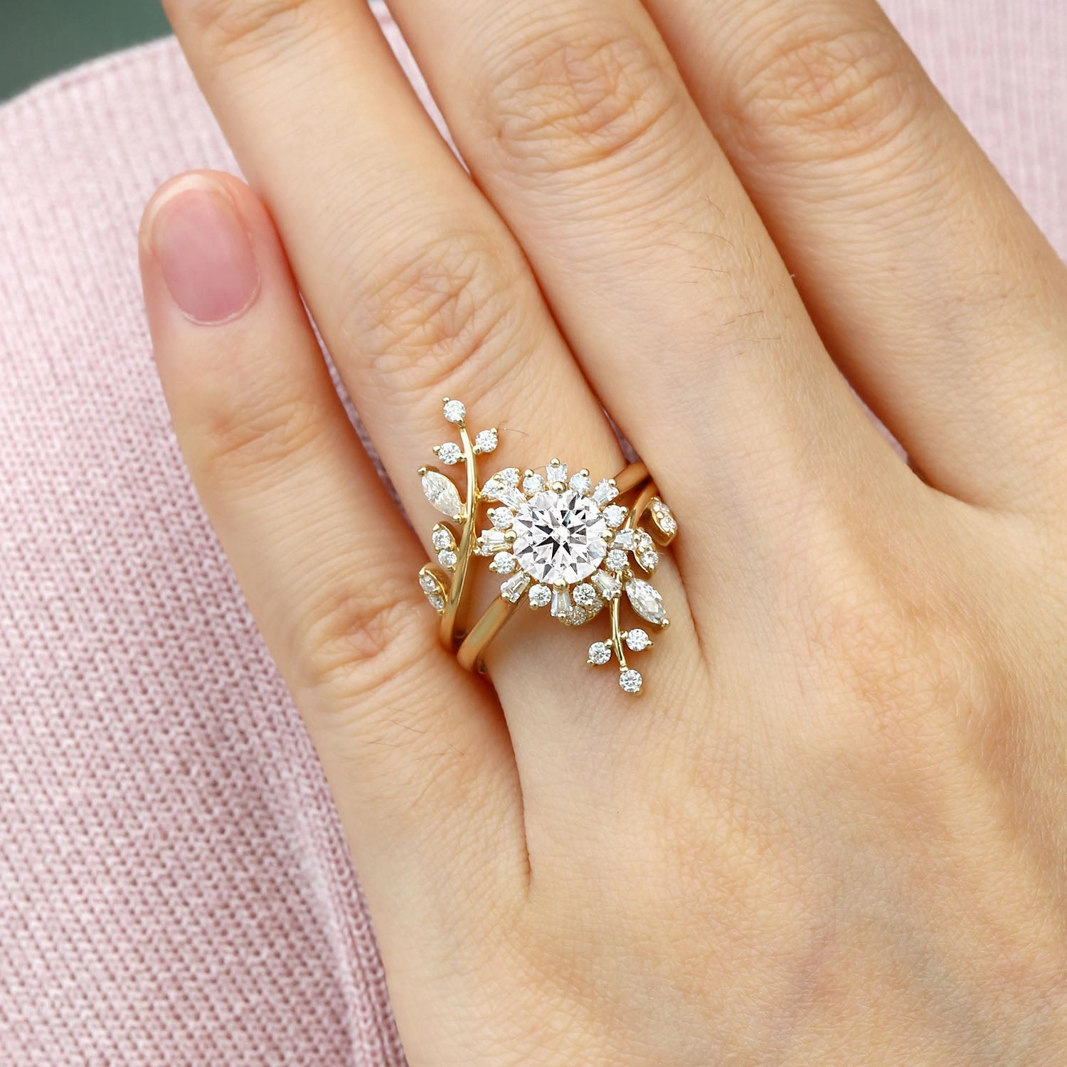 Nature Inspired - Round Moissanite Halo Floral & Leafy Ring Set 2pcs - Rose Knight Formal Accessory Dressed Look