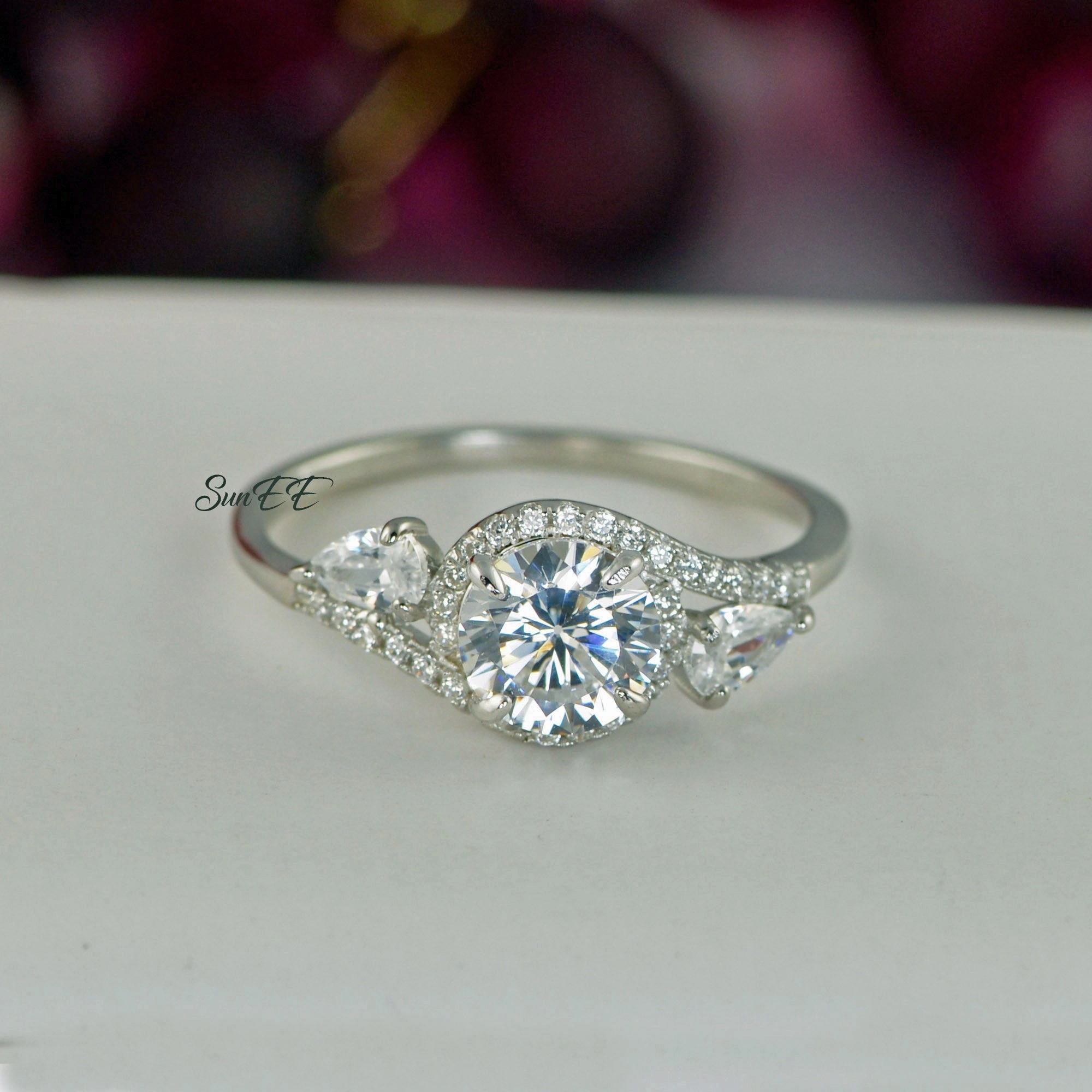 Meaningful Accessory 3.0ct Halo Brilliant Cut with Pear Bridal Wedding Engagement Ring Diamond Simulated 925 Sterling Silver Anniversary Ring SKU:00197