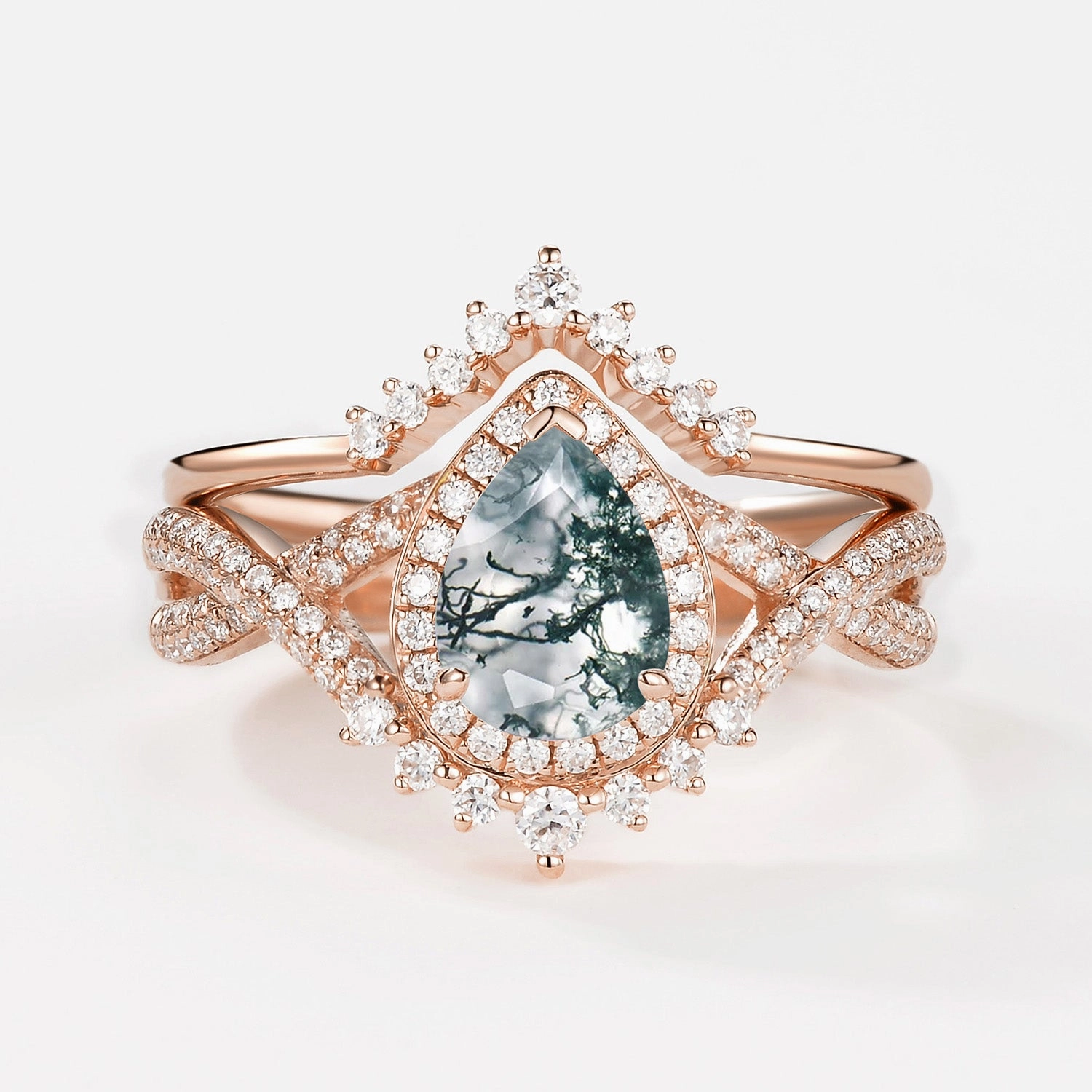 Pear Moss Agate Halo Infinity Ring Set 2pcs - Valentina Chic Evening Modern Style