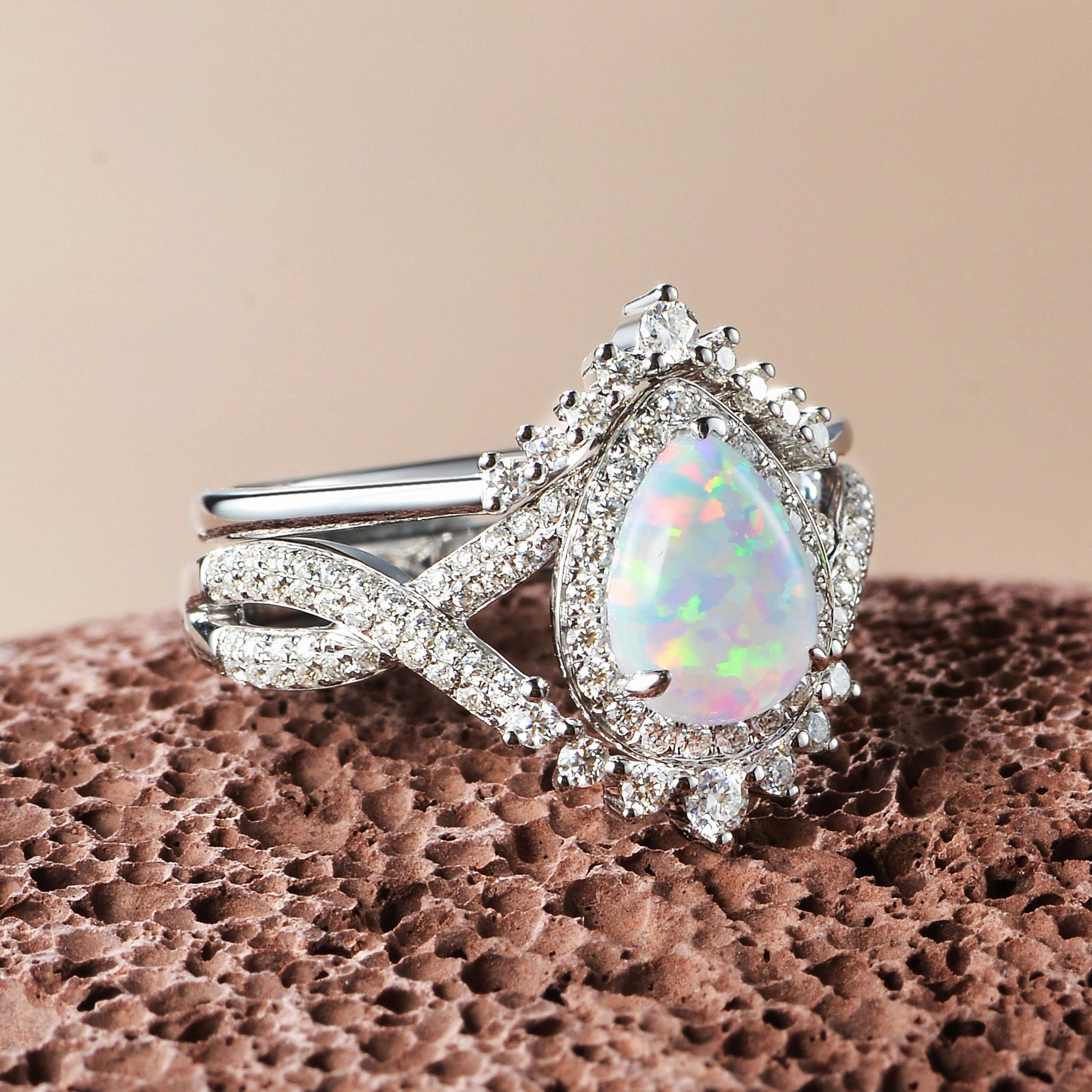 Bright Mood Pear Moss Agate Halo Infinity Ring Set 2pcs - Valentina