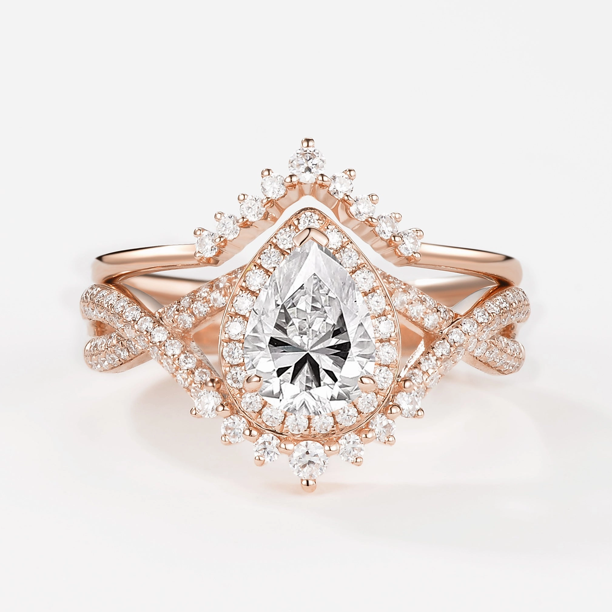 Pear Moss Agate Halo Infinity Ring Set 2pcs - Valentina Lush Accent Formal Gift